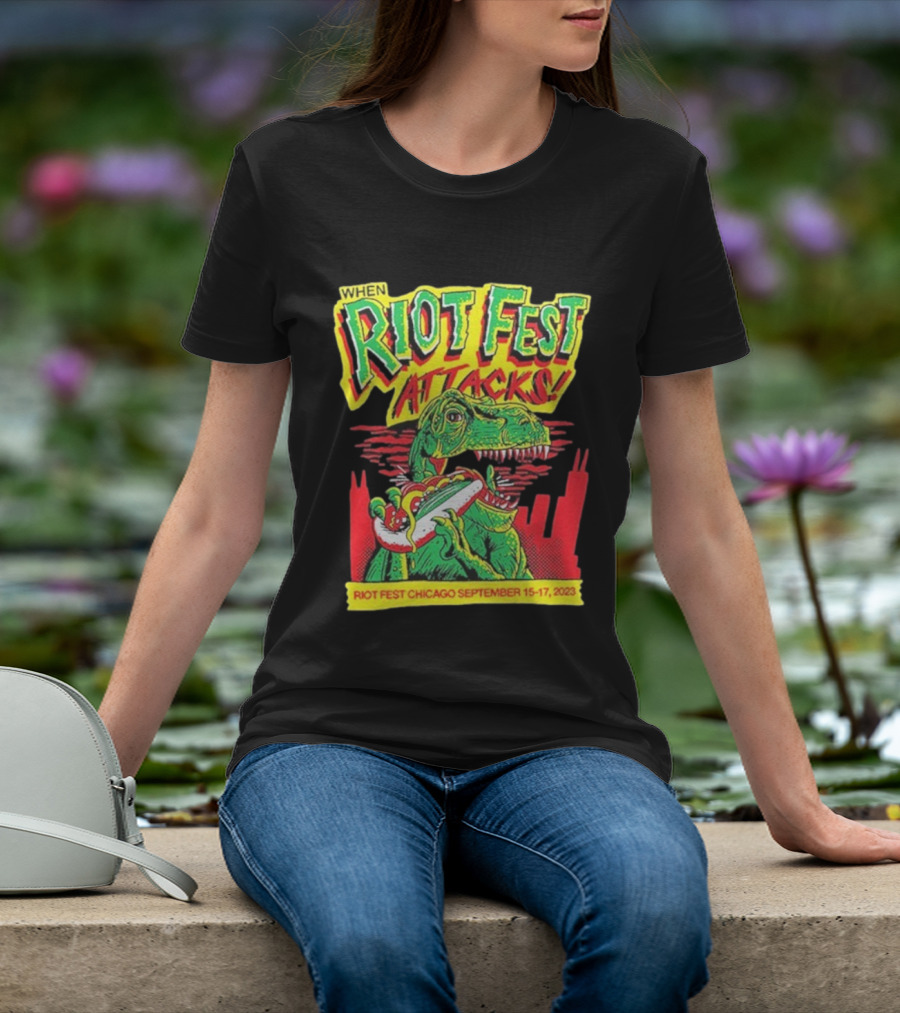When Riot Fest Attacks Chicago September 15-17 2023 Dinosaur Hot Dog Skyline T-Shirt