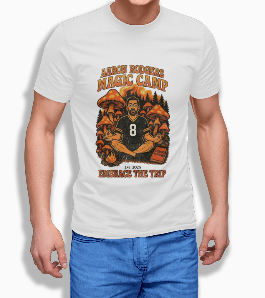 Aaron Rodgers Magic Camp Embrace The Trip Steelers Playbook Vintage 2025 Psychedelic Meditation Mushrooms T-Shirt