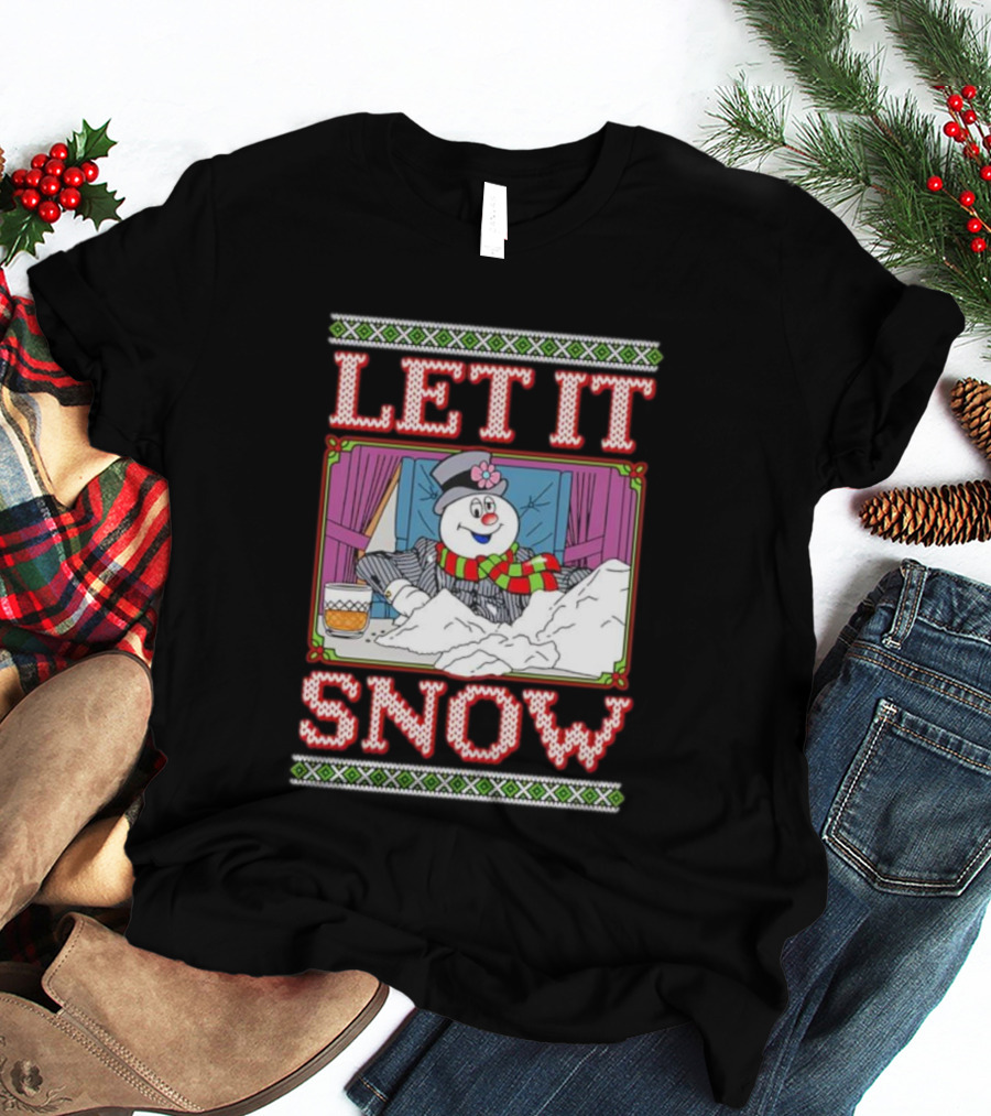 Let It Snow Christmas Snowman With Snow And Drink Scene T-Shirt