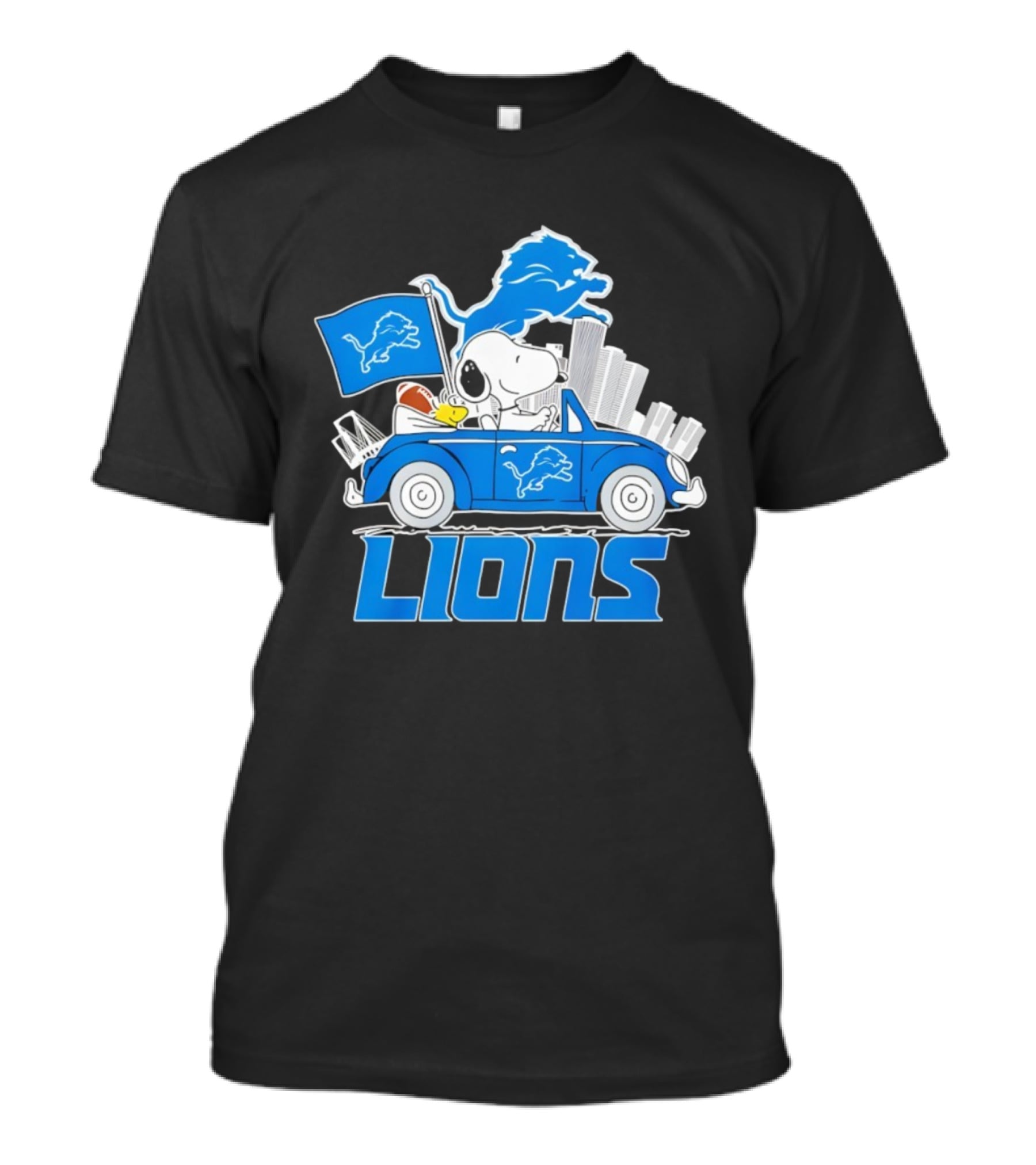 Snoopy Woodstock Driving Detroit Lions Car Flag Football T-Shirt