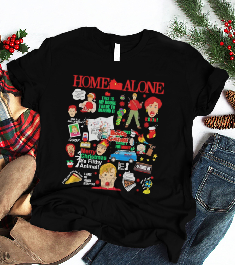 Home Alone Merry Christmas Ya Filthy Animal Buzz's Tarantula Booby Traps Harry Marv 90s Movie Pizza Pepsi T-Shirt