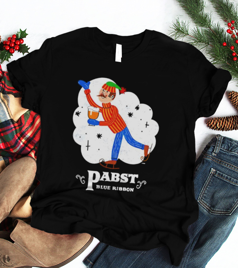 Pabst Blue Ribbon Vintage Holiday Ice Skating Elf T-Shirt