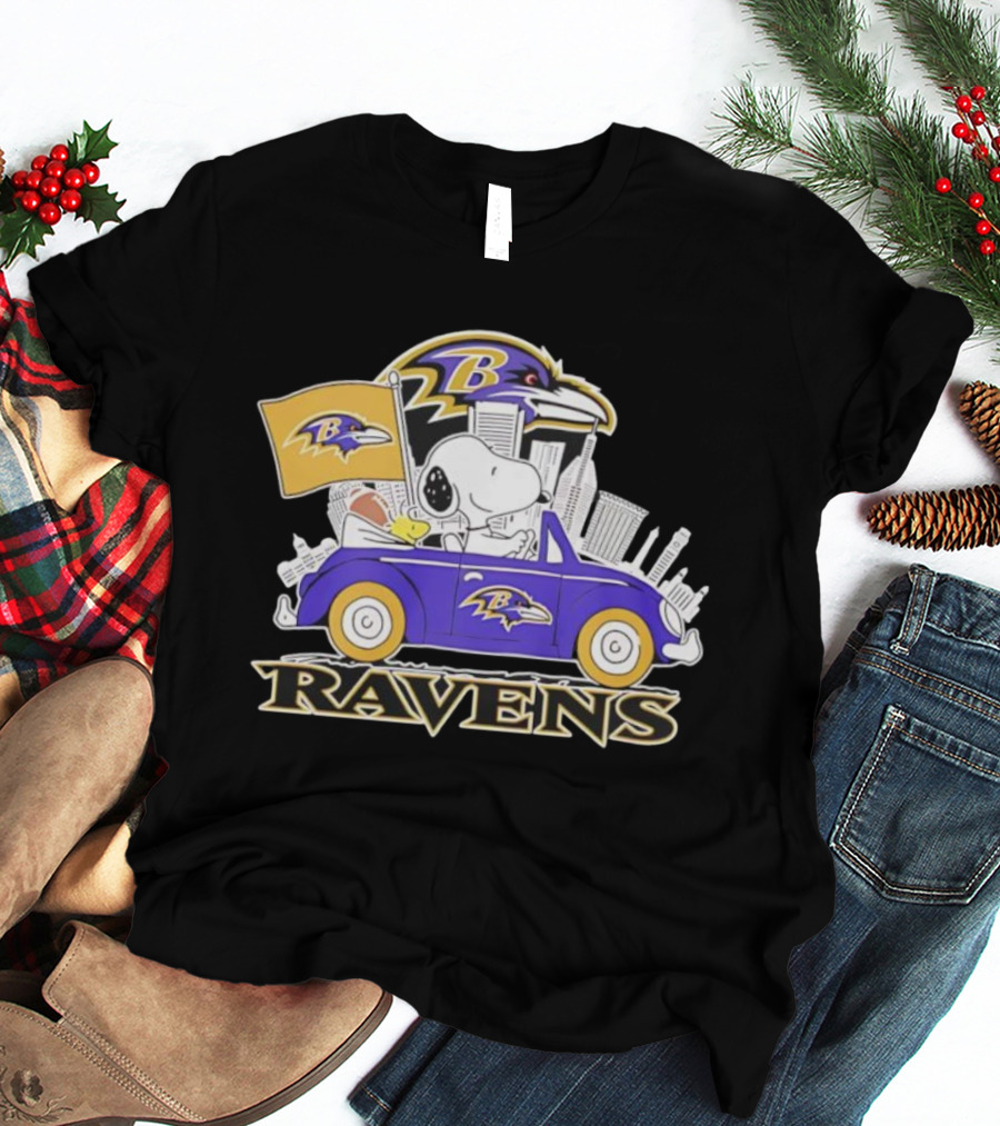 Snoopy Driving Baltimore Ravens Car Peanuts Collaboration With Flag And Raven Logo T-Shirt