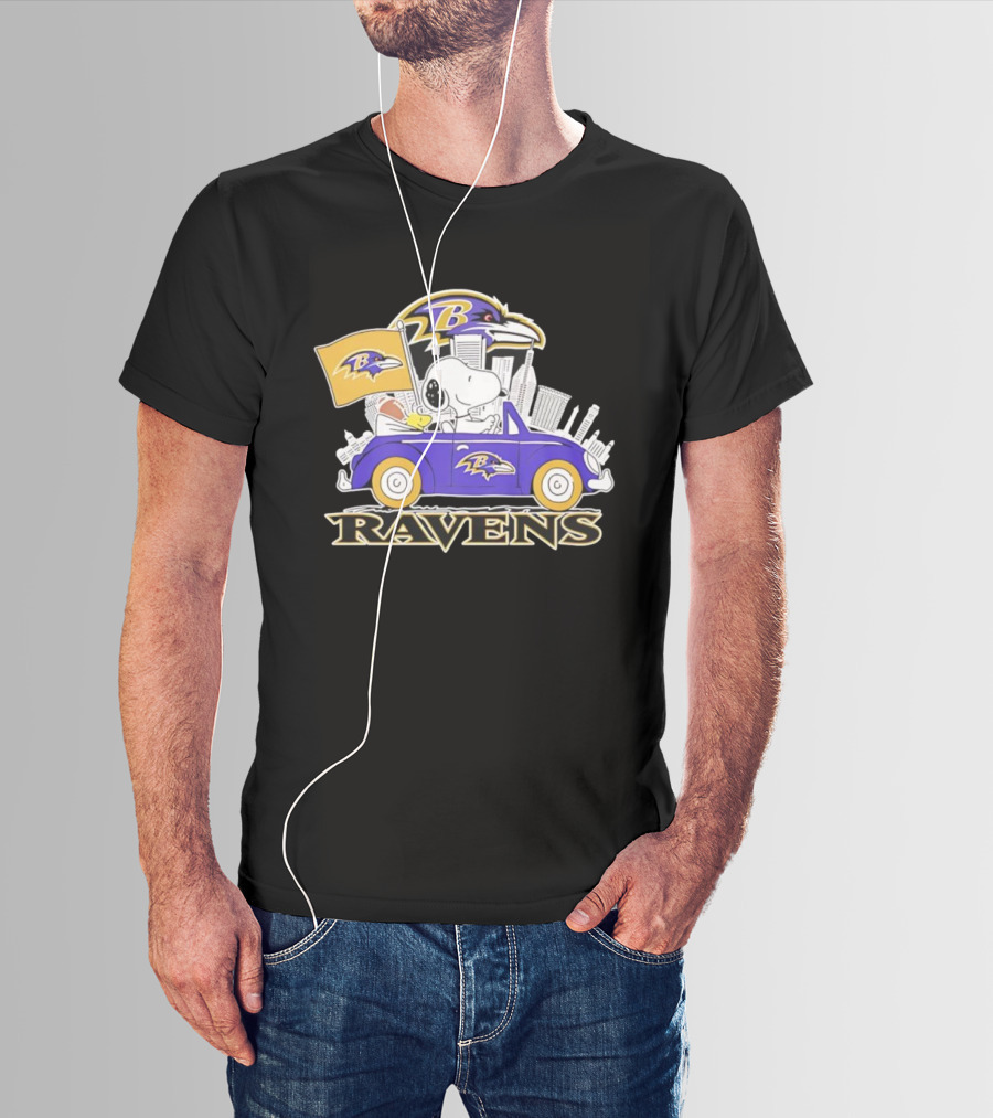 Snoopy Driving Baltimore Ravens Car Peanuts Collaboration With Flag And Raven Logo T-Shirt
