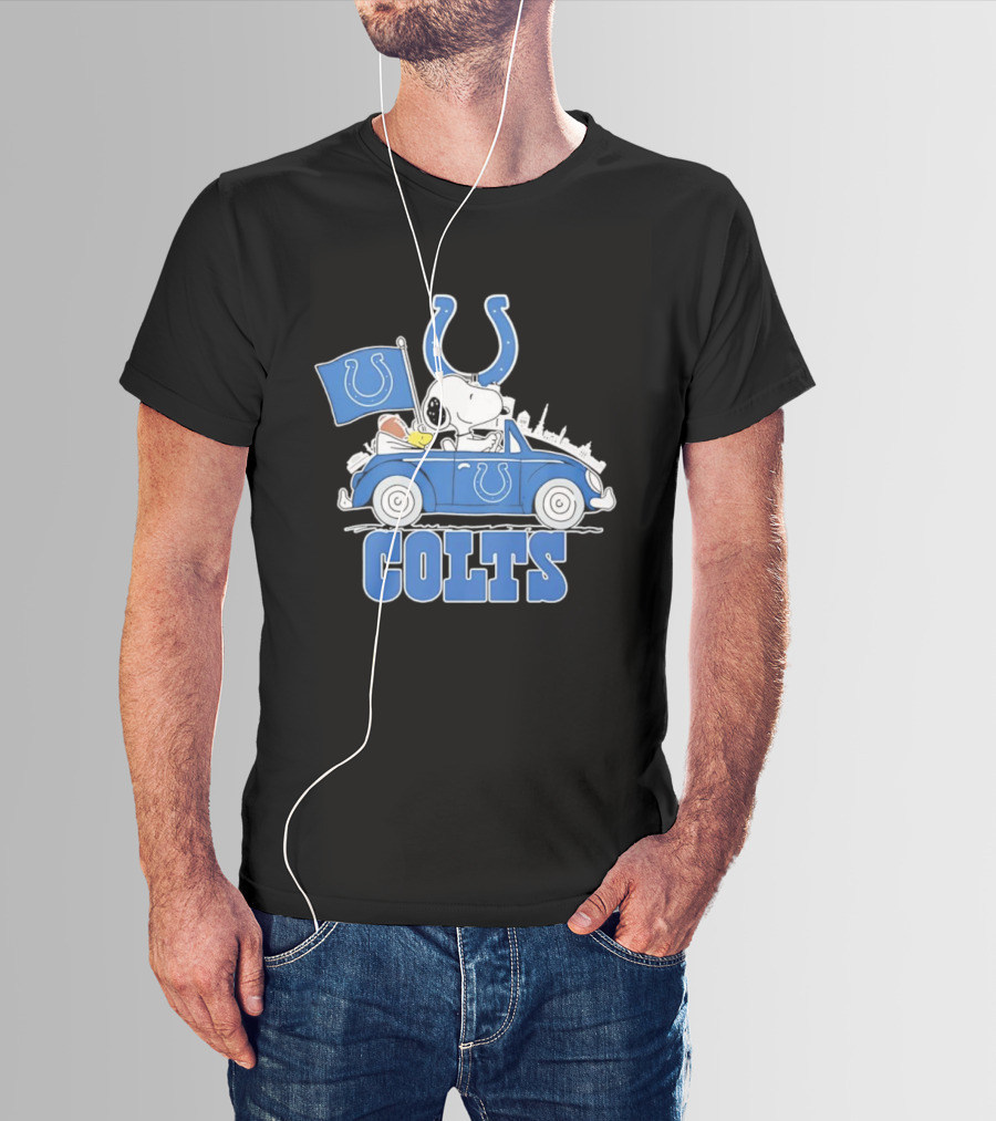 Peanuts Indianapolis Colts Snoopy Driving Car With Mascot Flag T-Shirt