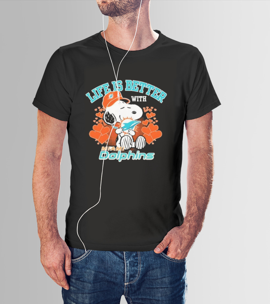Snoopy Life Is Better With Miami Dolphins Hearts And Cap T-Shirt