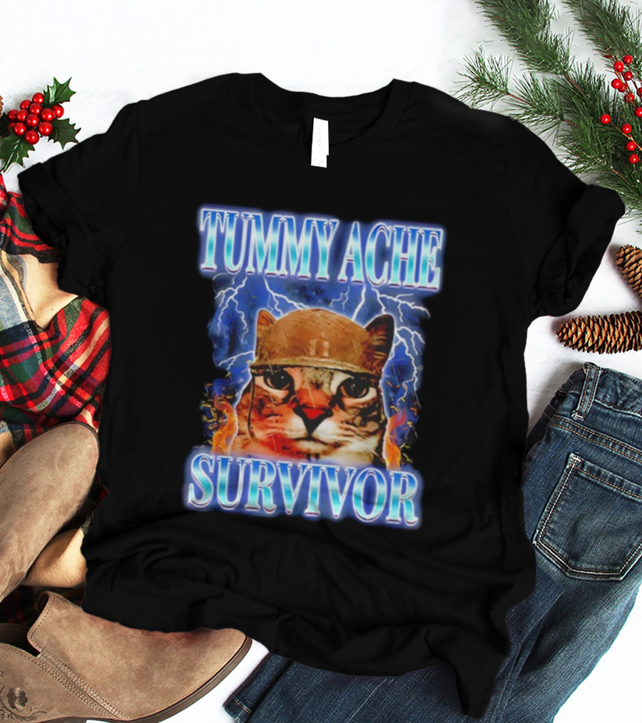 Tummy Ache Survivor Cat Meme Lightning Background T-Shirt