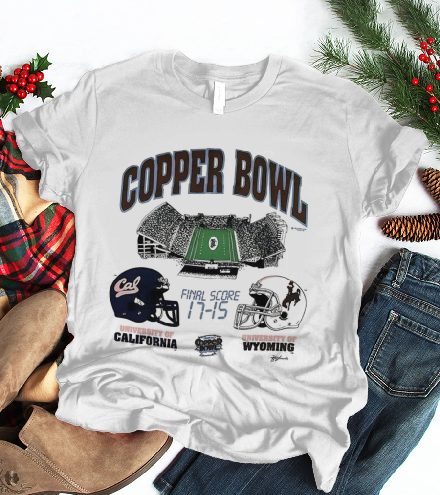 Copper Bowl Final Score 17-15 University Of Cal Vs Wyoming Football Helmets Stadium T-Shirt