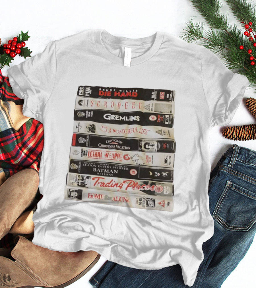 Die Hard Scrooged Gremlins Wonderful Life Christmas Vacation Lethal Weapon Batman Trading Places Home Alone VHS Stack T-Shirt