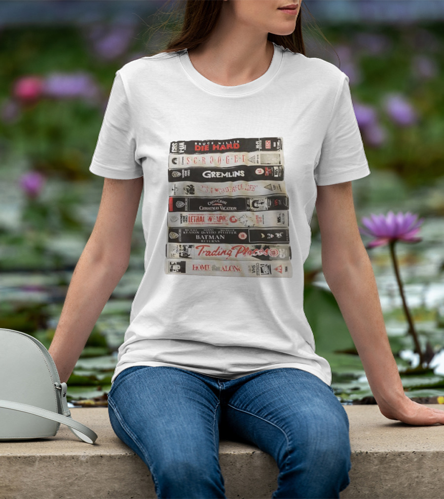 Die Hard Scrooged Gremlins Wonderful Life Christmas Vacation Lethal Weapon Batman Trading Places Home Alone VHS Stack T-Shirt