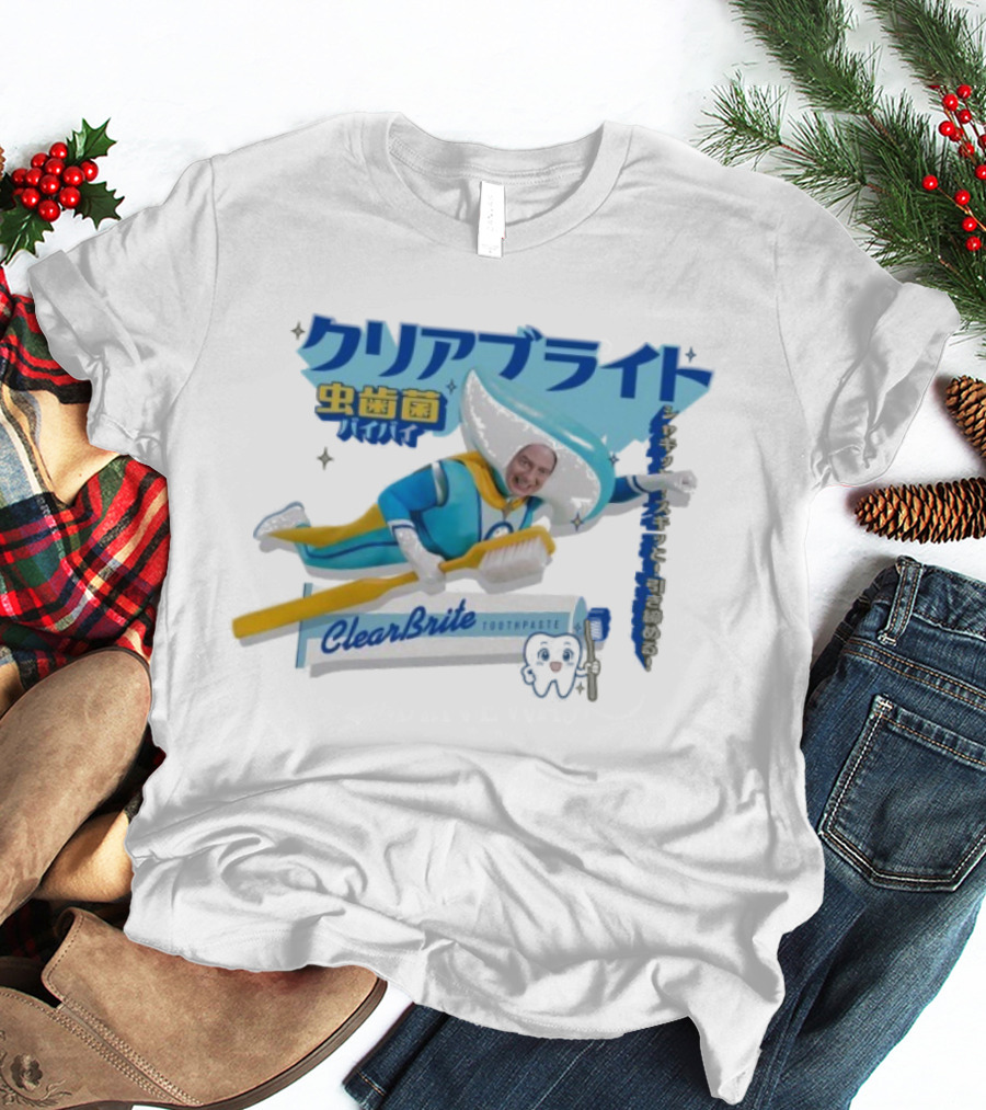 Clearbrite Toothpaste Flying Hero With Toothbrush And Japanese Text T-Shirt