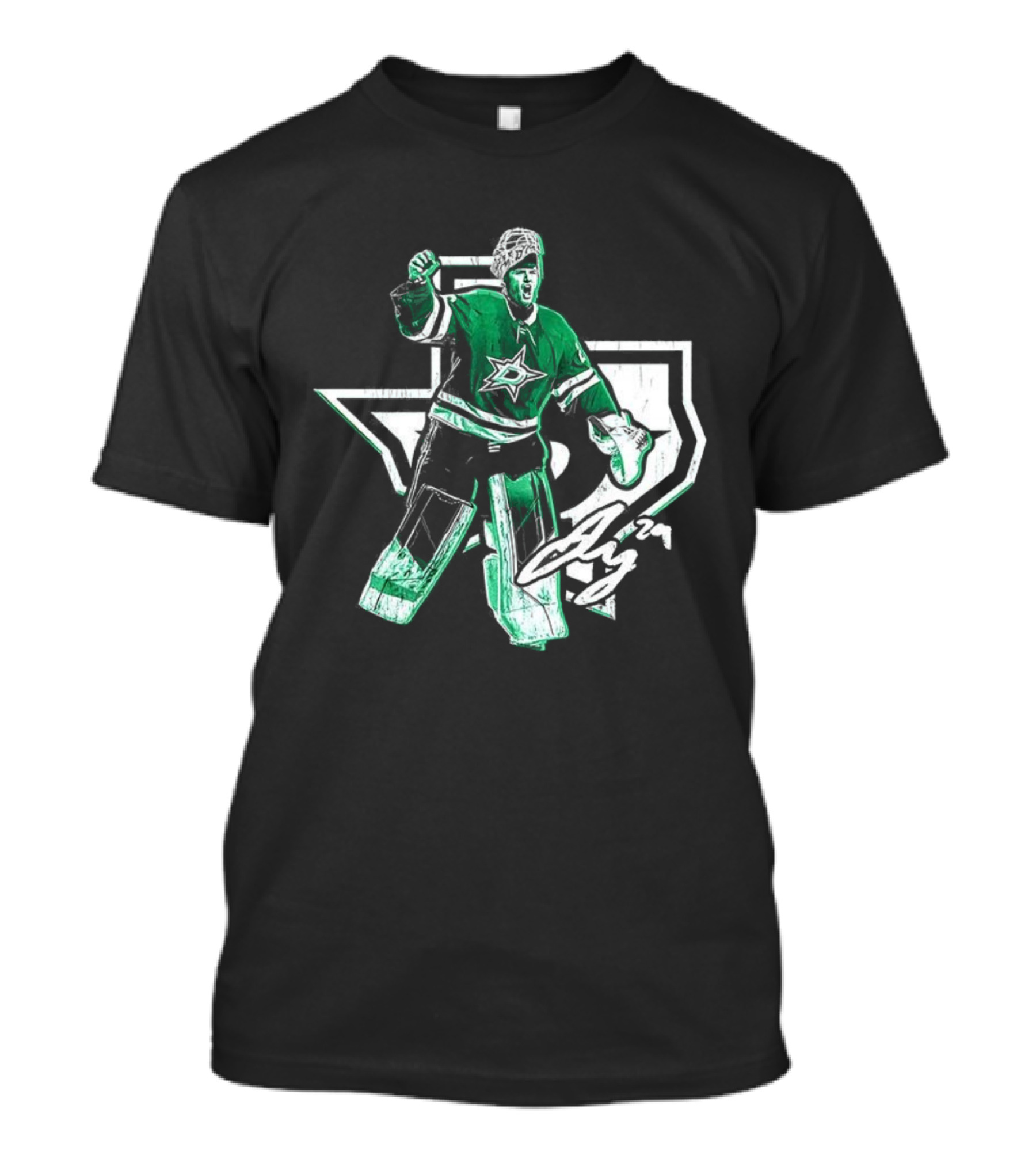 Jake Oettinger Dallas Stars NHL Texas Goalie Iconic Green White Gear T-Shirt