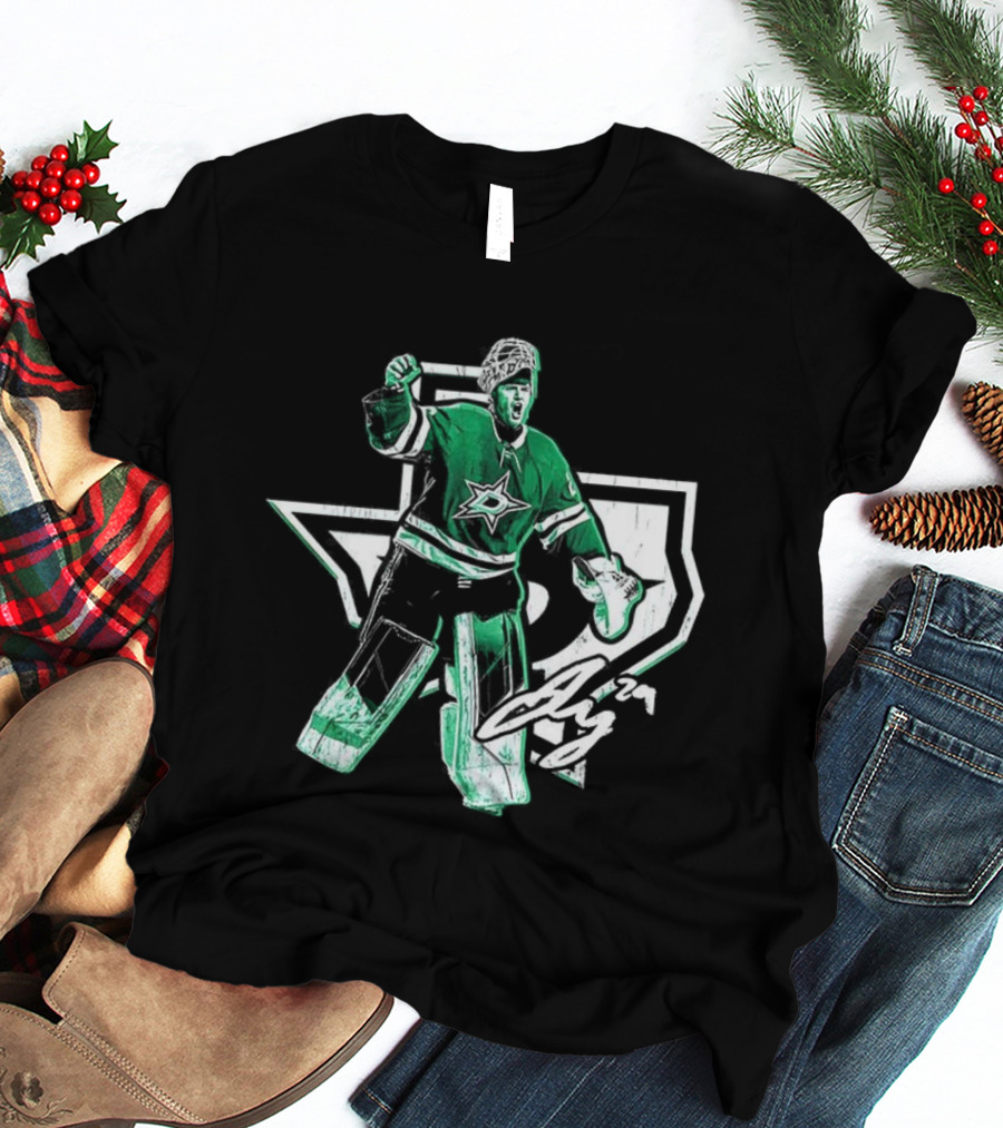 Jake Oettinger Dallas Stars NHL Texas Goalie Iconic Green White Gear T-Shirt