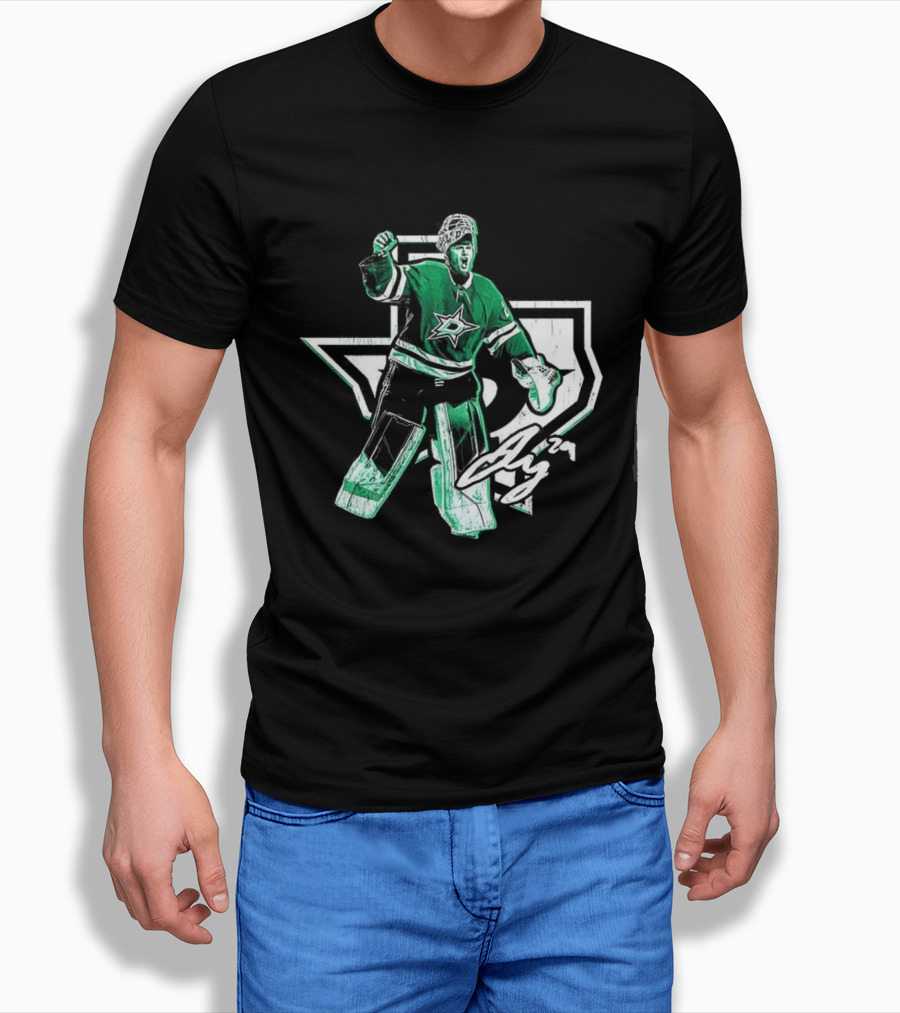 Jake Oettinger Dallas Stars NHL Texas Goalie Iconic Green White Gear T-Shirt