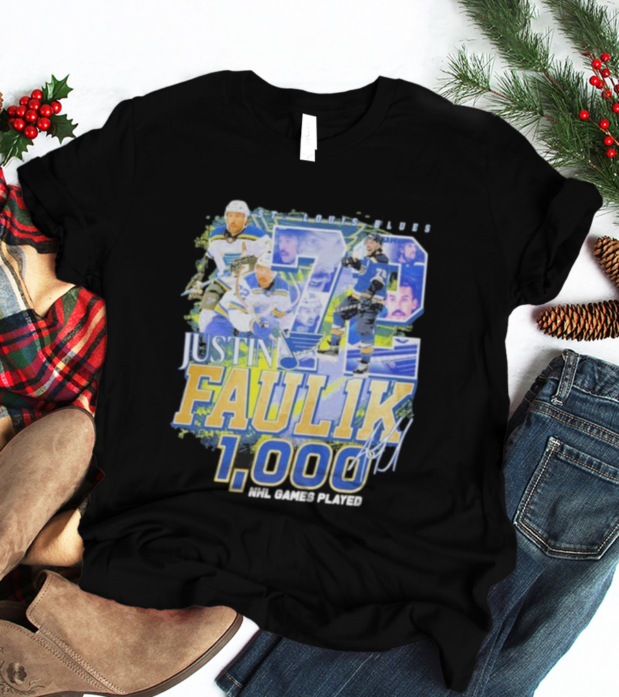 St. Louis Blues Justin Faulk 72 1000 NHL Games Played Signature T-Shirt