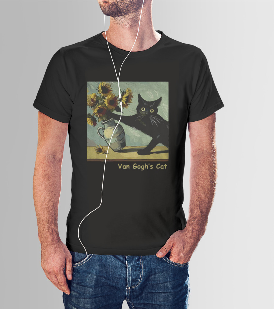 Van Gogh's Cat Sunflowers Funny Art Parody Cat Hugging Vase Painting T-Shirt