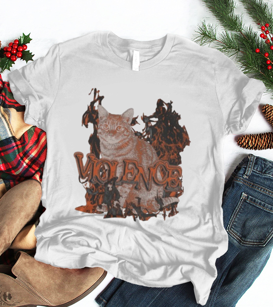 Violence Cat Flames Bold Typography Fiery Graphic T-Shirt