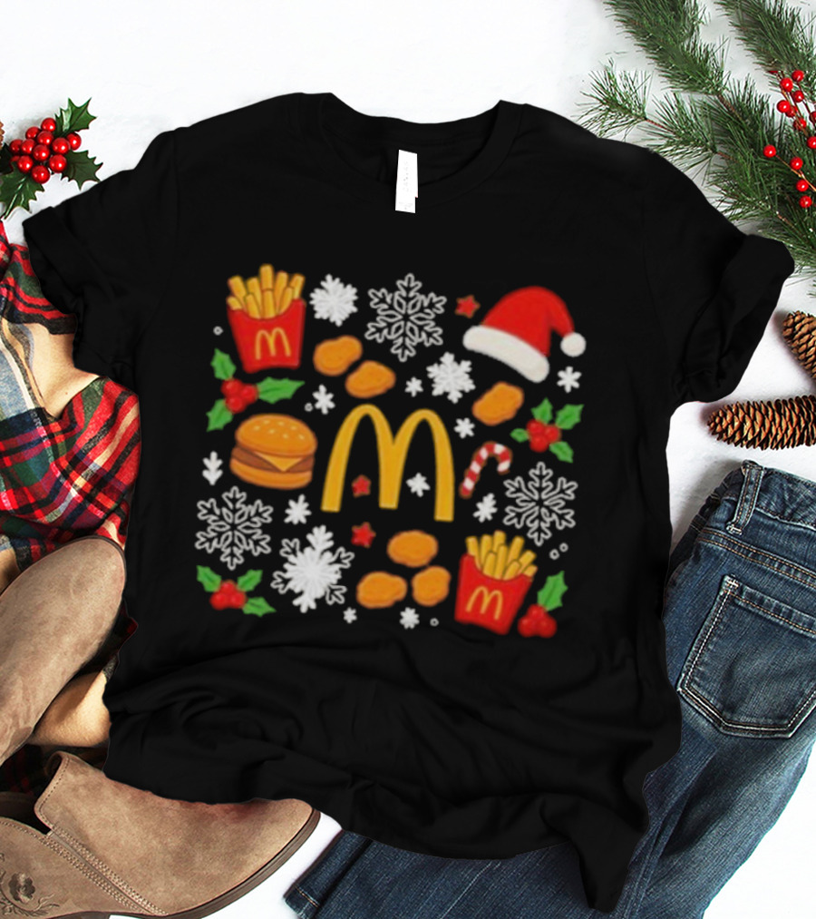 McDonald's Holiday Merry Christmas Fries Nuggets Snowflakes Candy Cane Santa Hat T-Shirt