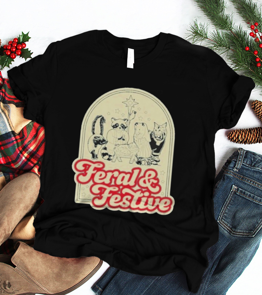 Feral And Festive Animal Nativity Scene Christmas Humor Raccoon Cat Skunk Ensemble T-Shirt