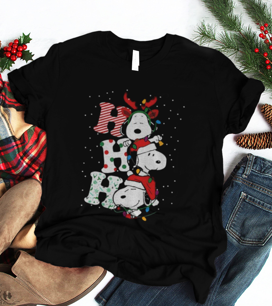 Snoopy Ho Ho Ho Santa Hat Reindeer Antlers Christmas Lights Snowflakes 2025 T-Shirt