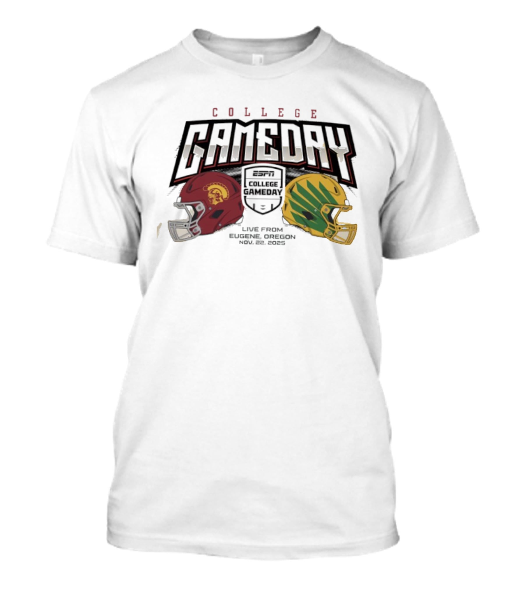 ESPN College GameDay Eugene Oregon Nov 22 2025 USC Trojans Vs Oregon Ducks Helmets T-Shirt
