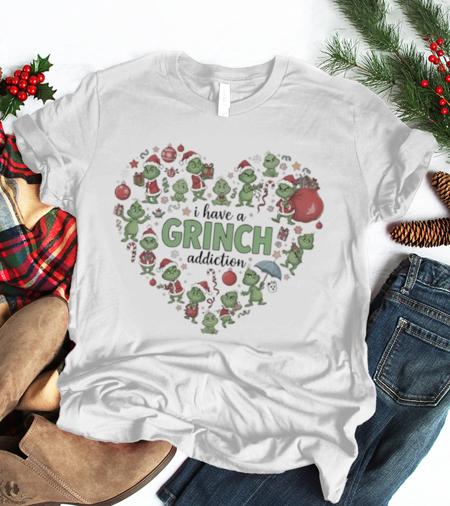 Grinch Christmas Addiction Heart Full Of Grinch Characters T-Shirt