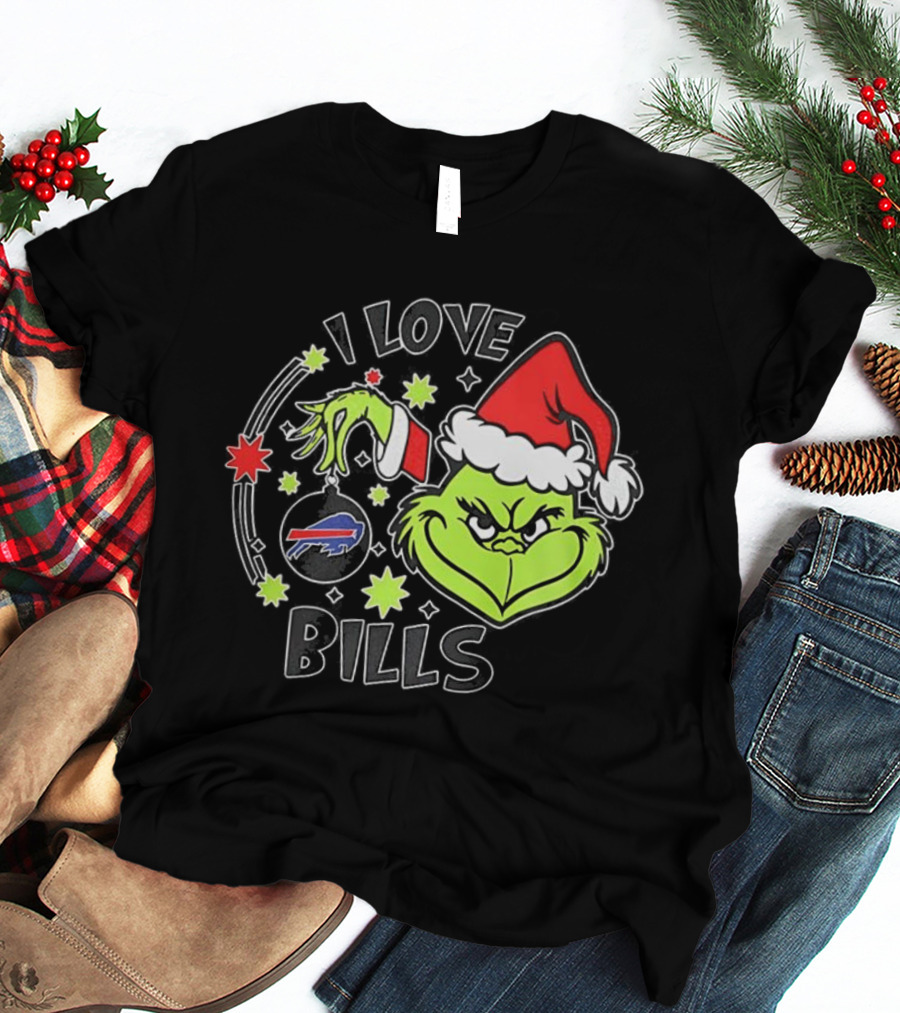 I Love Bills Grinch Santa Hat Christmas T-Shirt