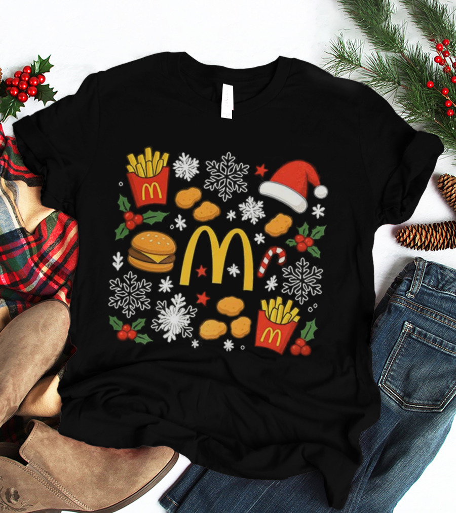 McDonald’s French Fries Chicken Nuggets Burgers Christmas Santa Hat Snowflakes Candy Cane T-Shirt