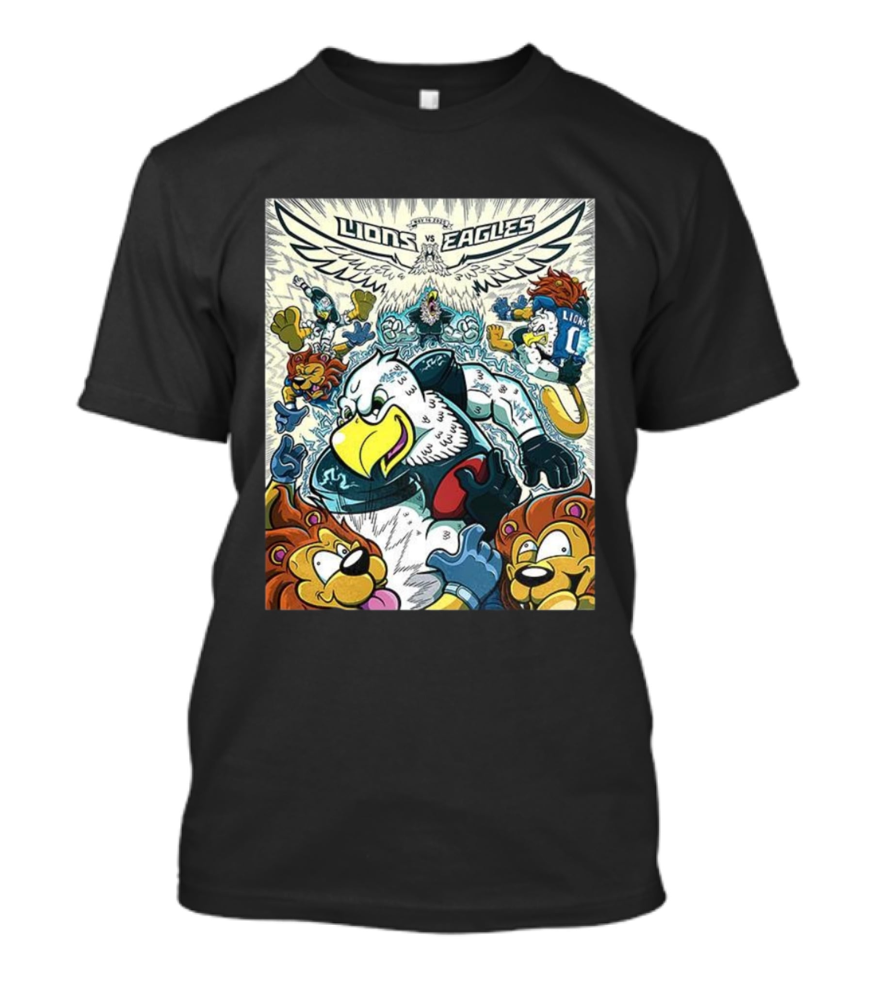 Lions Vs Eagles Cartoon Mascot Showdown NFL Week 11 2025 T-Shirt