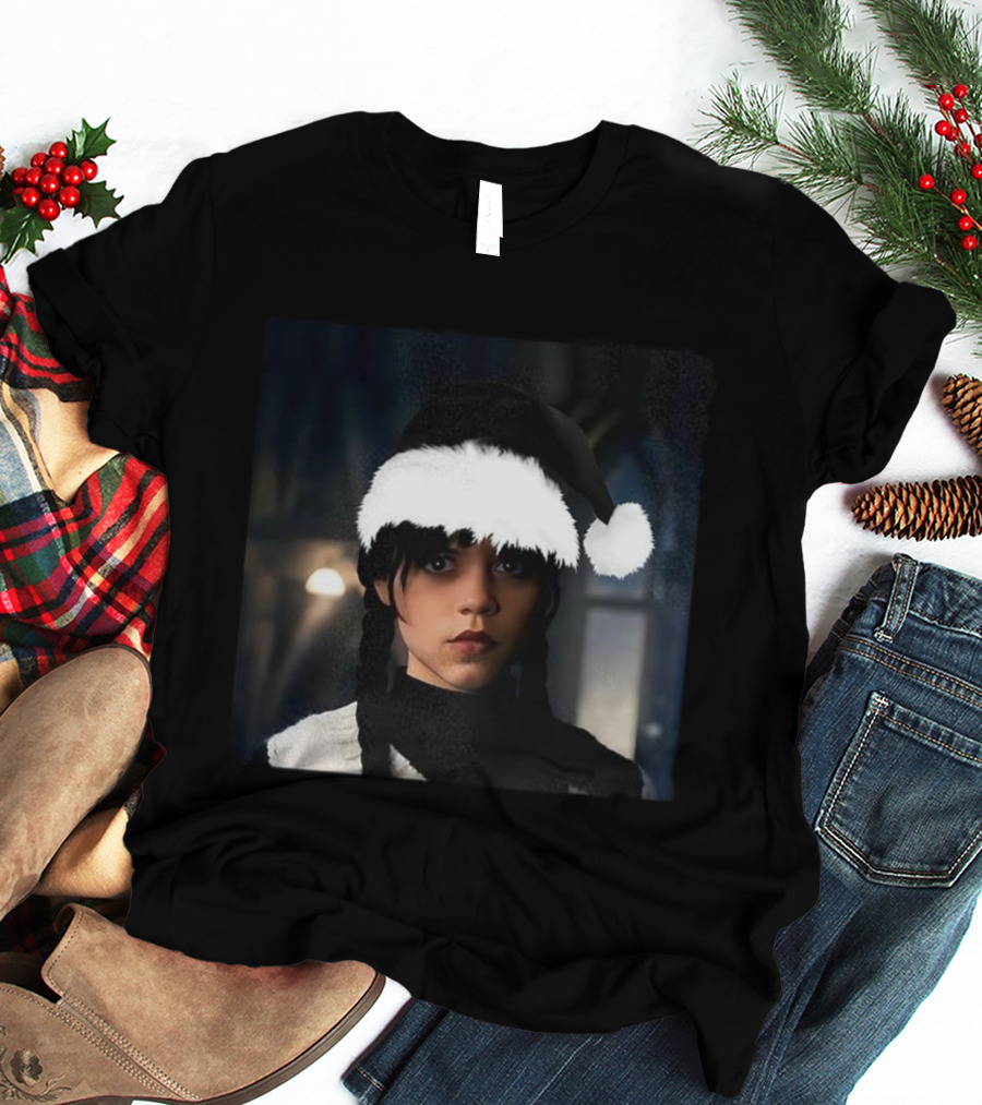 Wednesday Addams Santa Hat Christmas Holiday Mashup T-Shirt