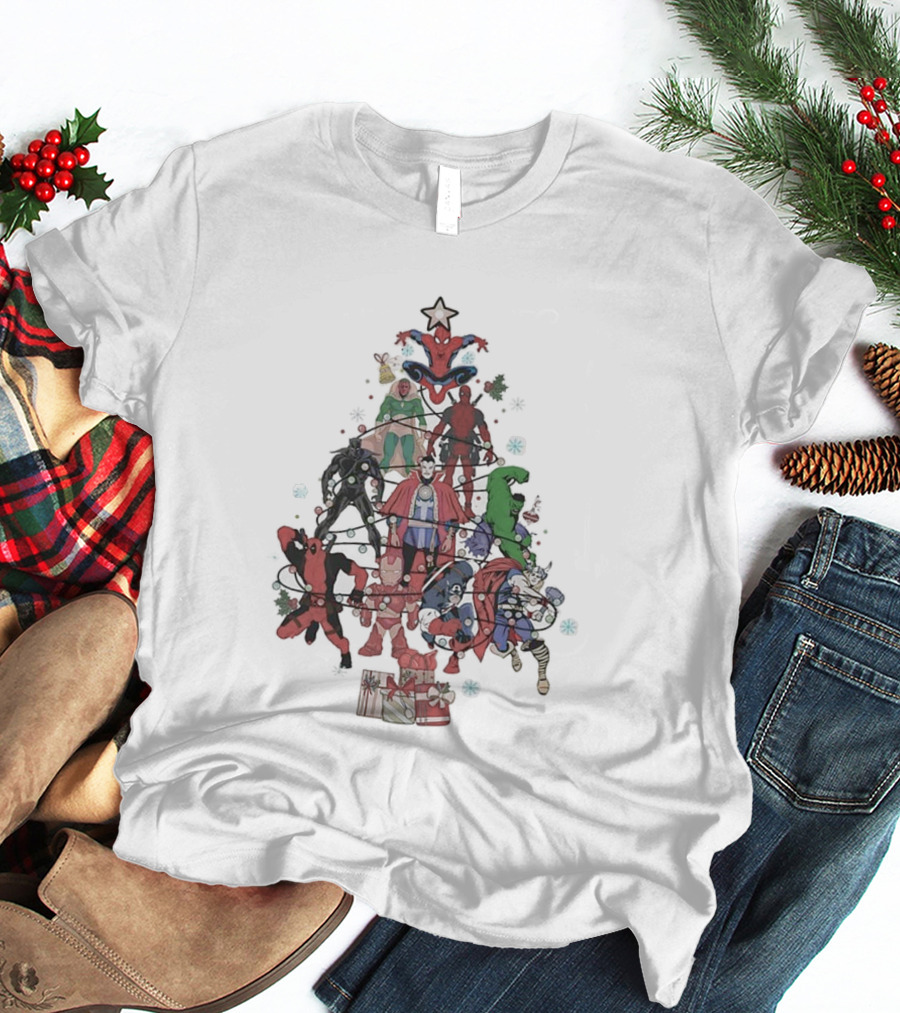 Marvel Superheroes Christmas Tree With Iconic Characters And Festive Star Topper T-Shirt