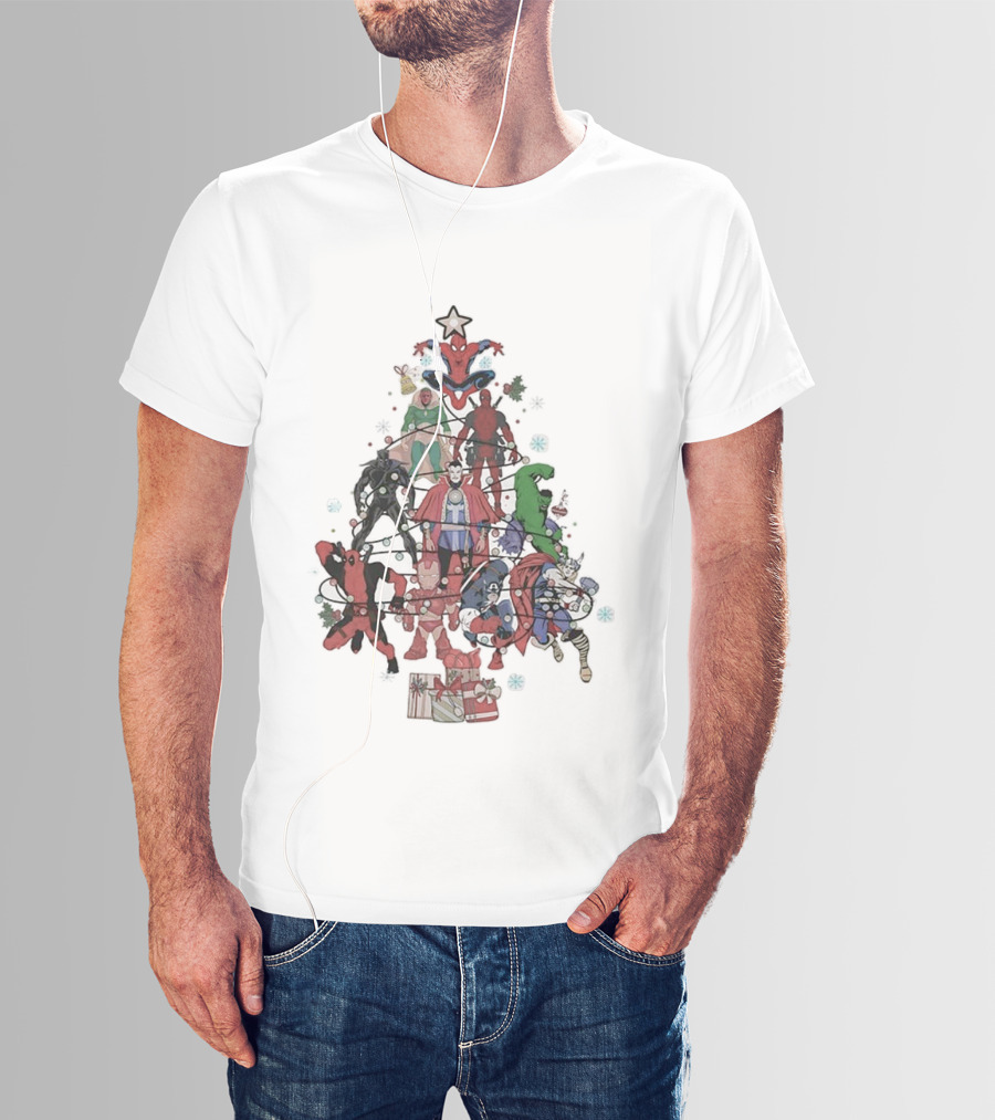 Marvel Superheroes Christmas Tree With Iconic Characters And Festive Star Topper T-Shirt
