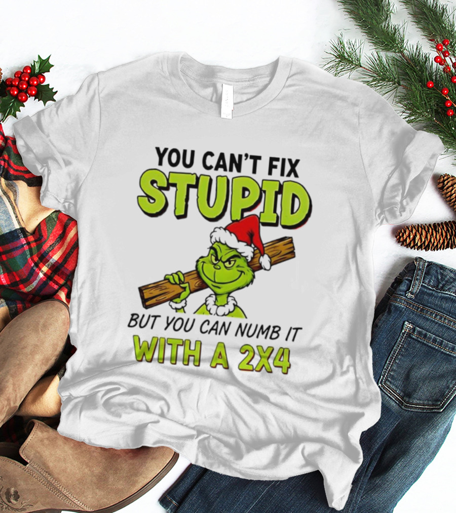 You Can't Fix Stupid Grinch Santa Hat Numb It With A 2x4 T-Shirt