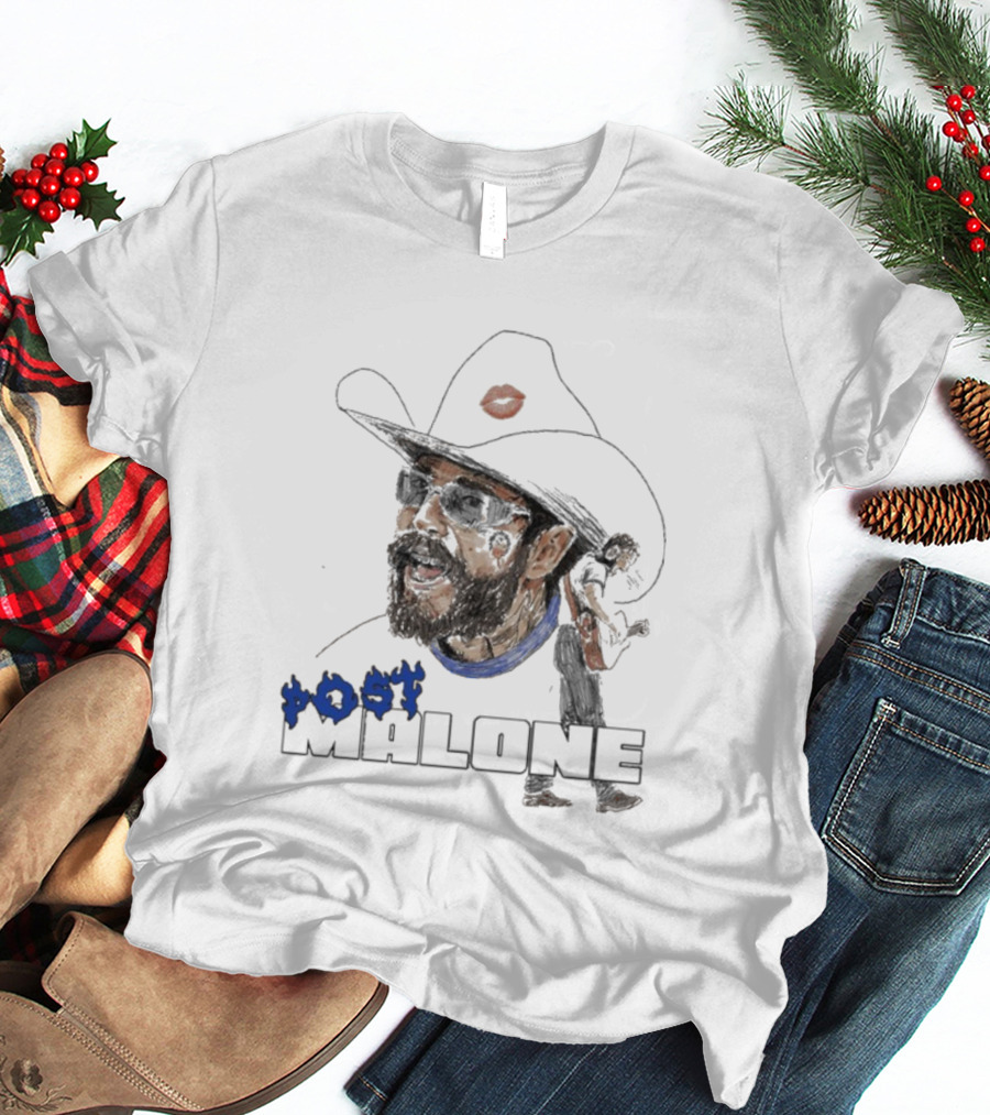 Post Malone Cowboy Hat Blue Flame Portrait T-Shirt