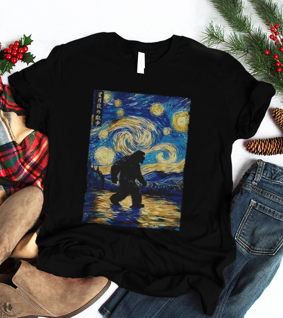 Bigfoot Stroll Under Starry Night Van Gogh Style Japanese Text T-Shirt