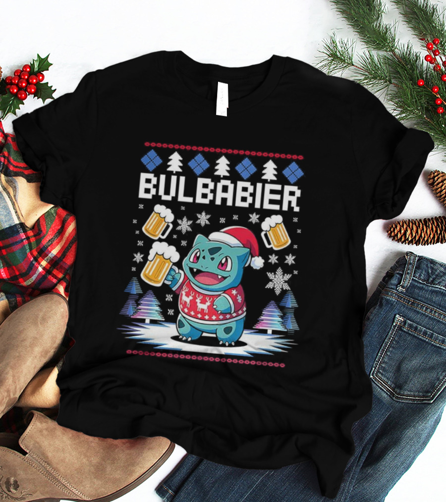 Bulbabier Christmas Sweater Bulbasaur With Santa Hat And Beer S T-Shirt