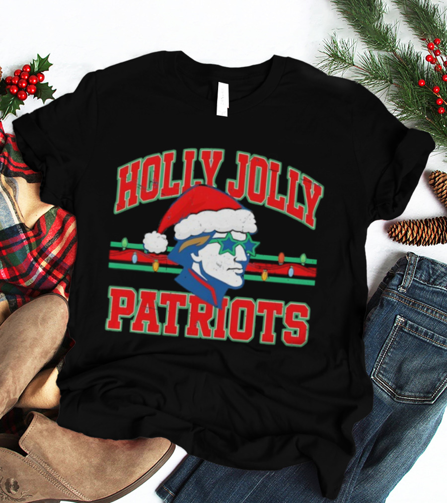 Patriots Christmas Holly Jolly Santa Hat Lights T-Shirt