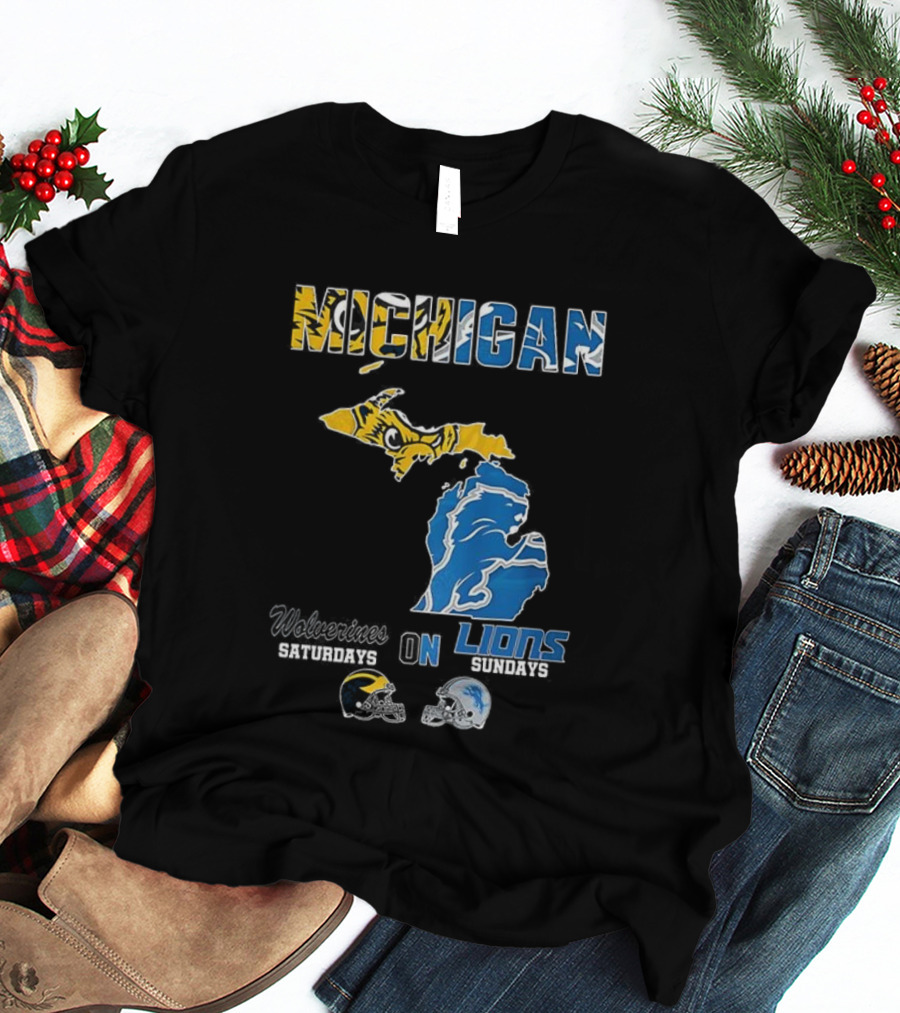 Michigan Wolverines Saturdays Detroit Lions Sundays Map T-Shirt
