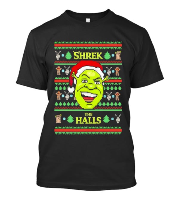 Shrek The Halls Christmas Ugly Sweater Design With Donkey And Santa Hat T-Shirt