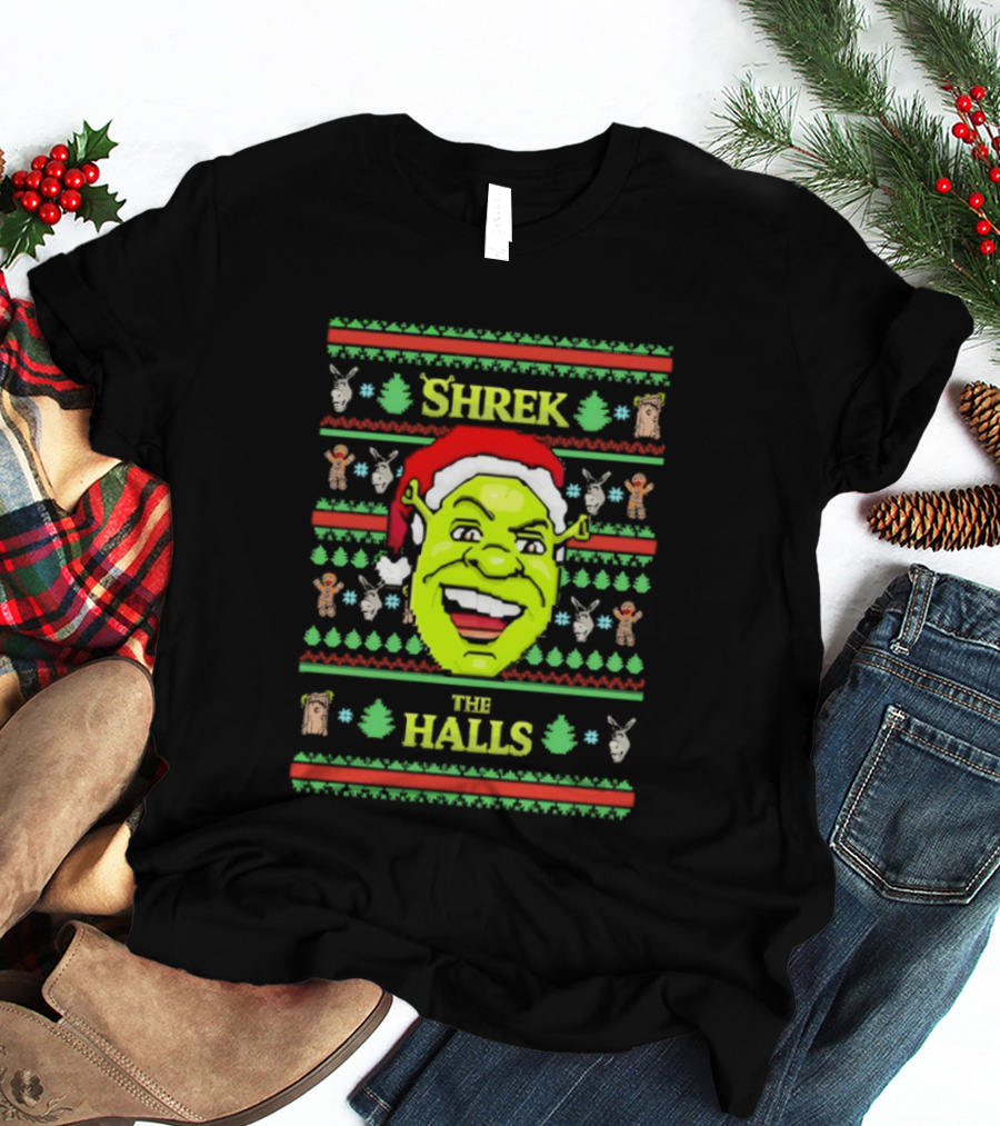 Shrek The Halls Christmas Ugly Sweater Design With Donkey And Santa Hat T-Shirt