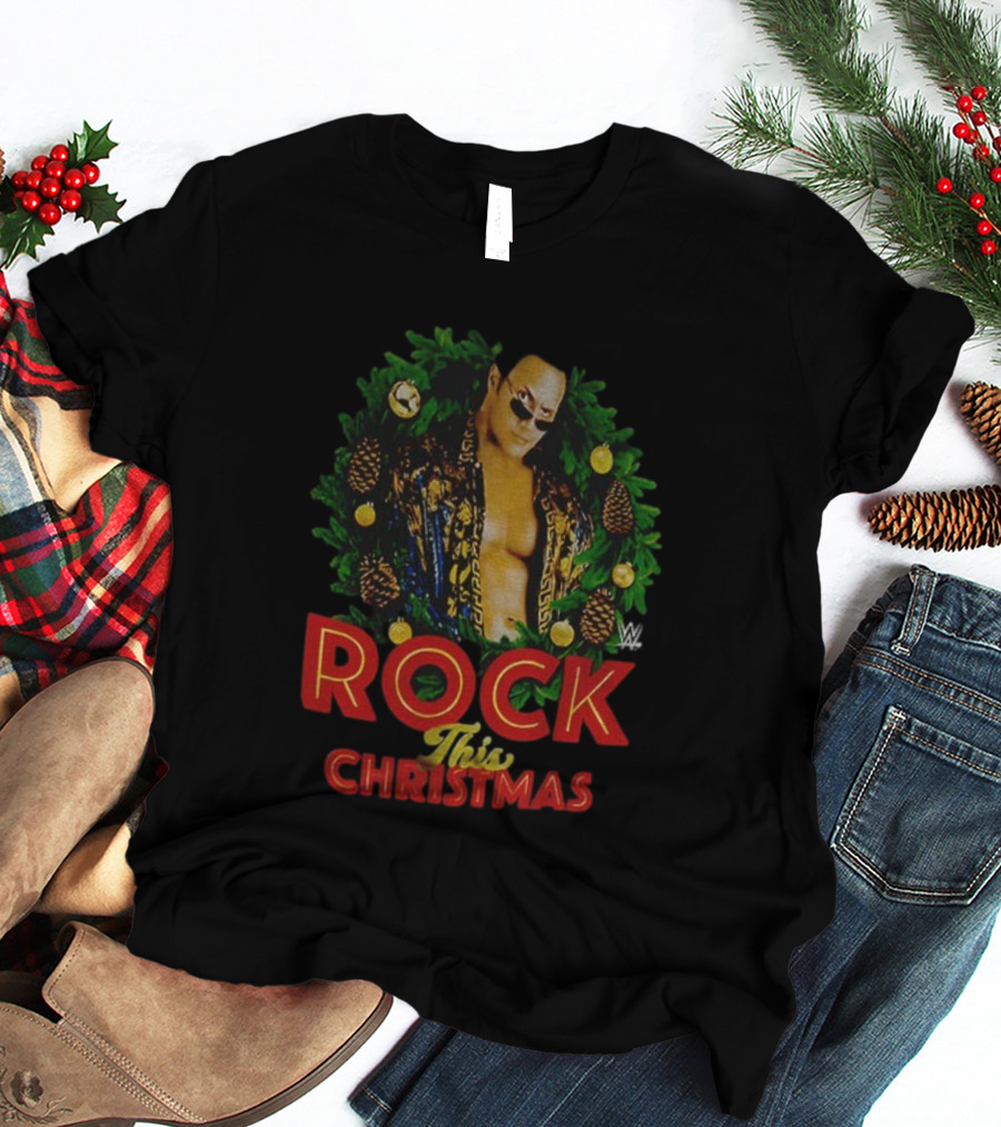 WWE The Rock Rock This Christmas Wreath Holiday T-Shirt