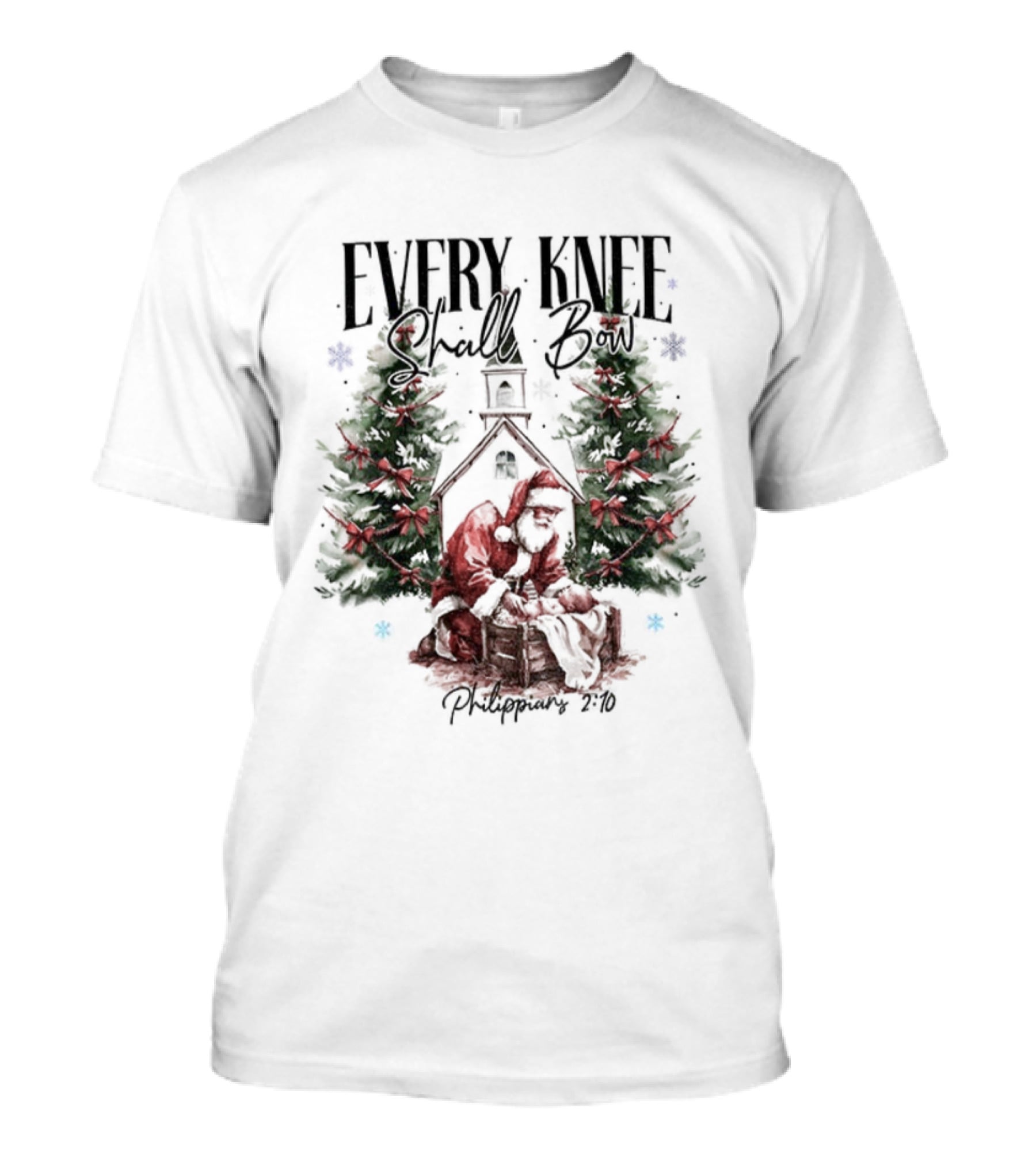 Every Knee Shall Bow Philippians 2:10 Santa Claus Christmas Trees T-Shirt