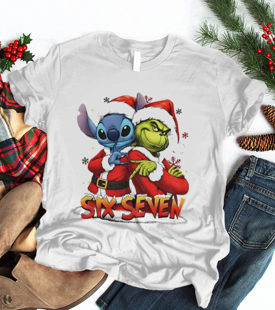 Stitch Grinch Santa Hat Six Seven Christmas Meme T-Shirt