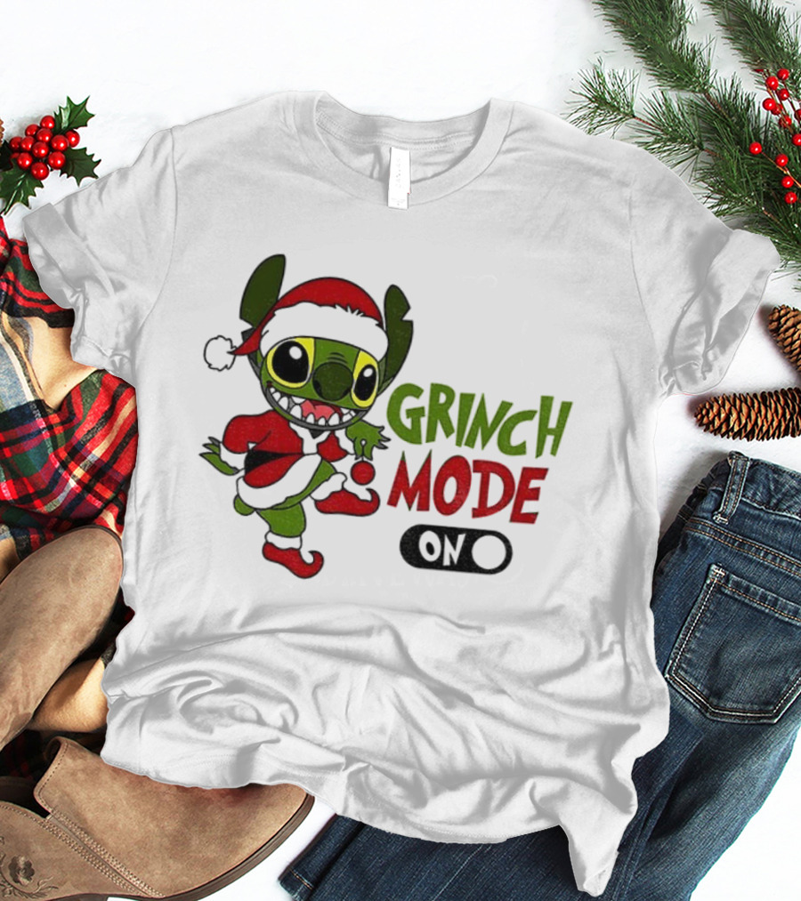 Stitch Grinch Santa Grinch Mode Merry Christmas Turn On T-Shirt