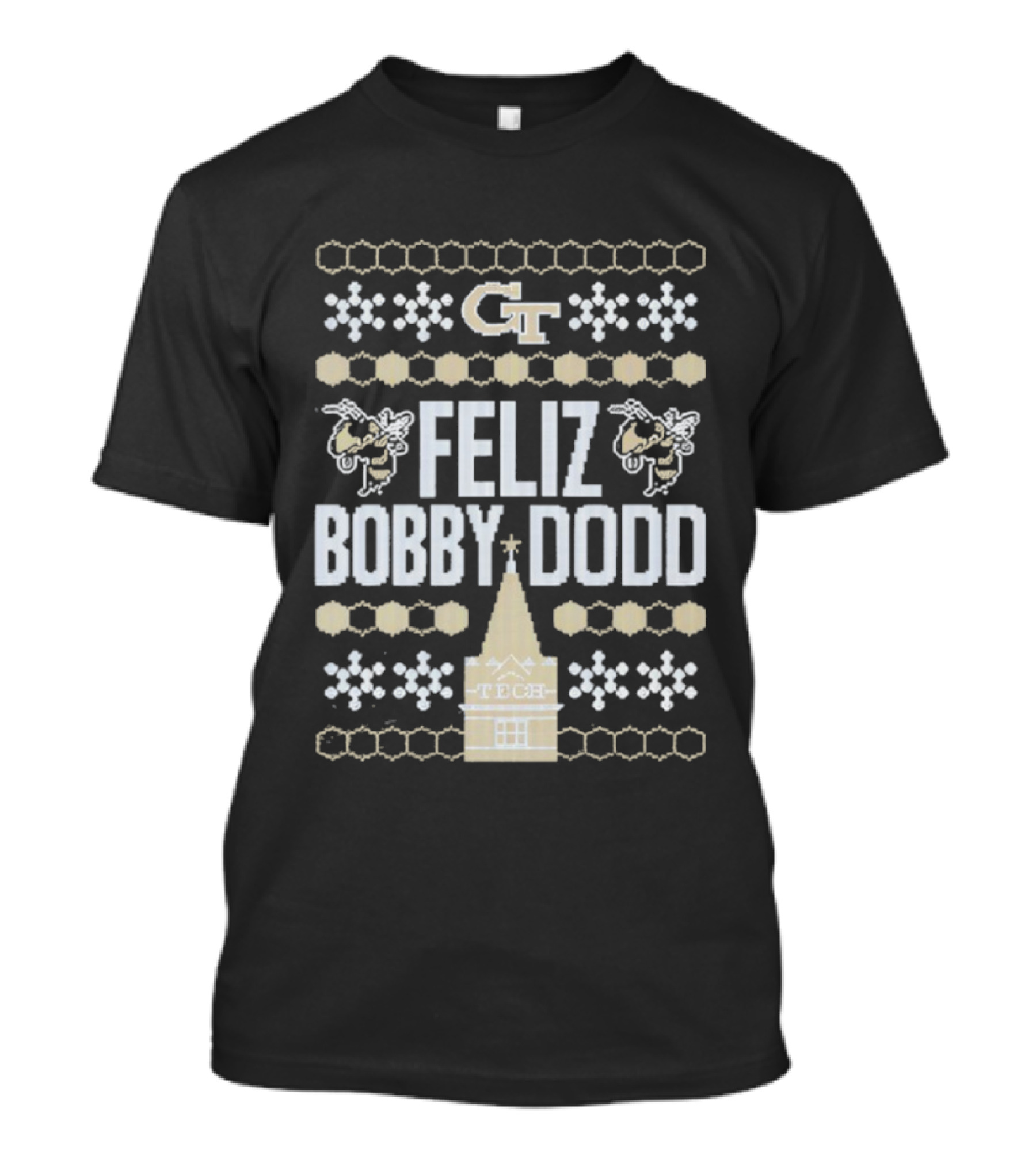 Georgia Tech GT Feliz Bobby Dodd Christmas Ornament Tech Snowflakes T-Shirt
