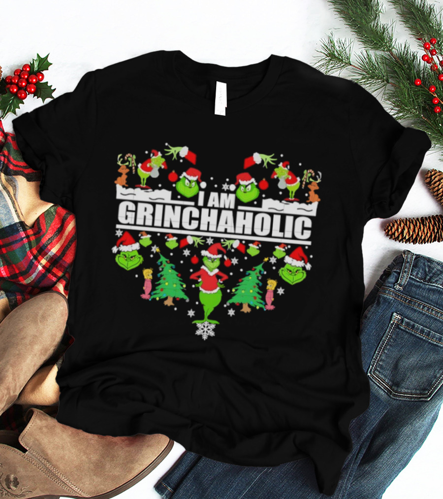 I Am Grinchaholic Christmas Grinch Ornament Festive Santa Hat Trees T-Shirt