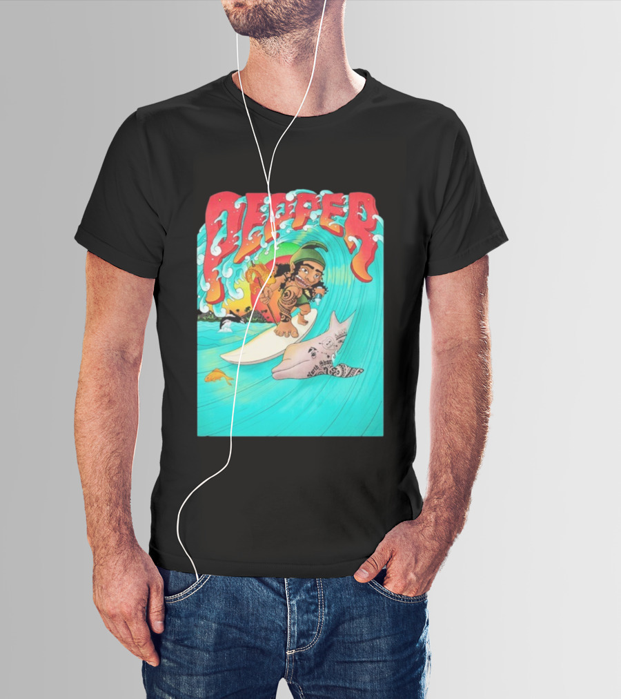 Pepper Surfer Riding Waves With Tattooed Dolphin T-Shirt