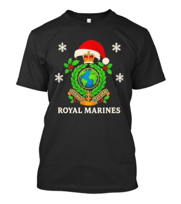 Royal Marines Christmas Per Mare Terram Santa Hat Snowflakes Green Wreath Globe Crest T-Shirt