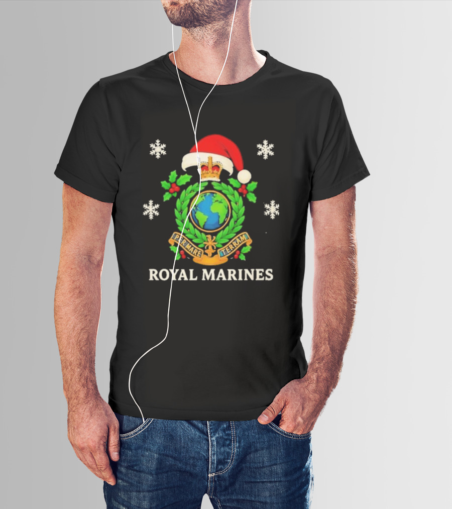 Royal Marines Christmas Per Mare Terram Santa Hat Snowflakes Green Wreath Globe Crest T-Shirt