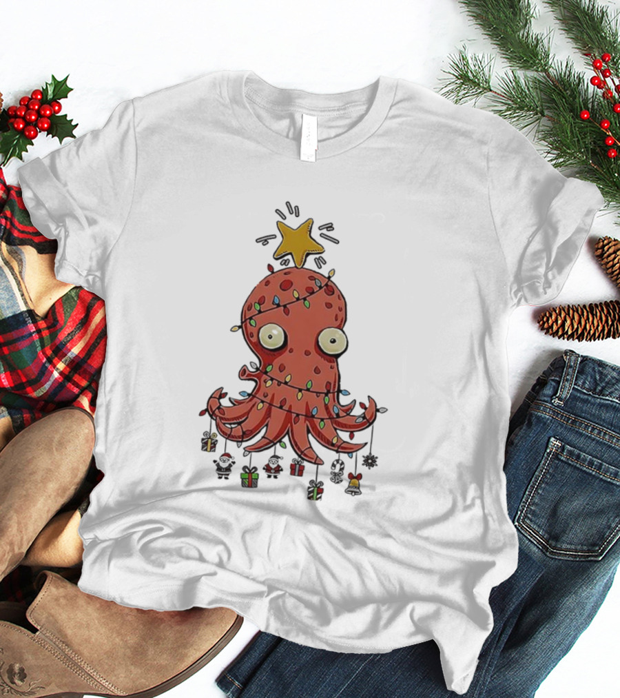 Christmas Octopus Tree Wrapped In Light Cords With Star And Decorations T-Shirt